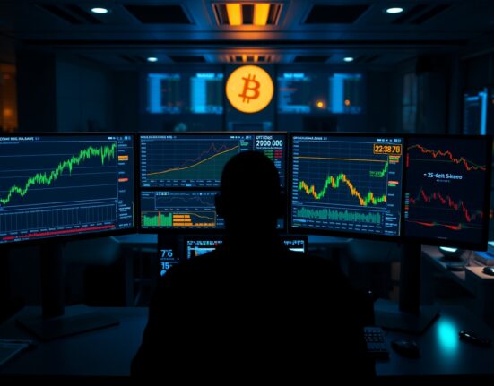 Bitcoin options trading desk with price charts and volatility indicators showing market correction optimism.