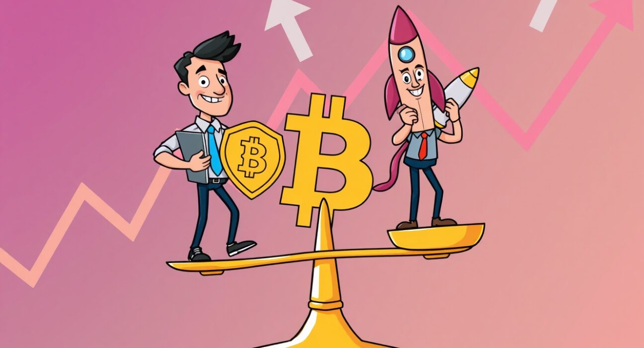 Cartoon illustration of Bitcoin options traders balancing a volatile market with protective and speculative tools.