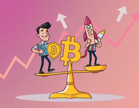 Cartoon illustration of Bitcoin options traders balancing a volatile market with protective and speculative tools.