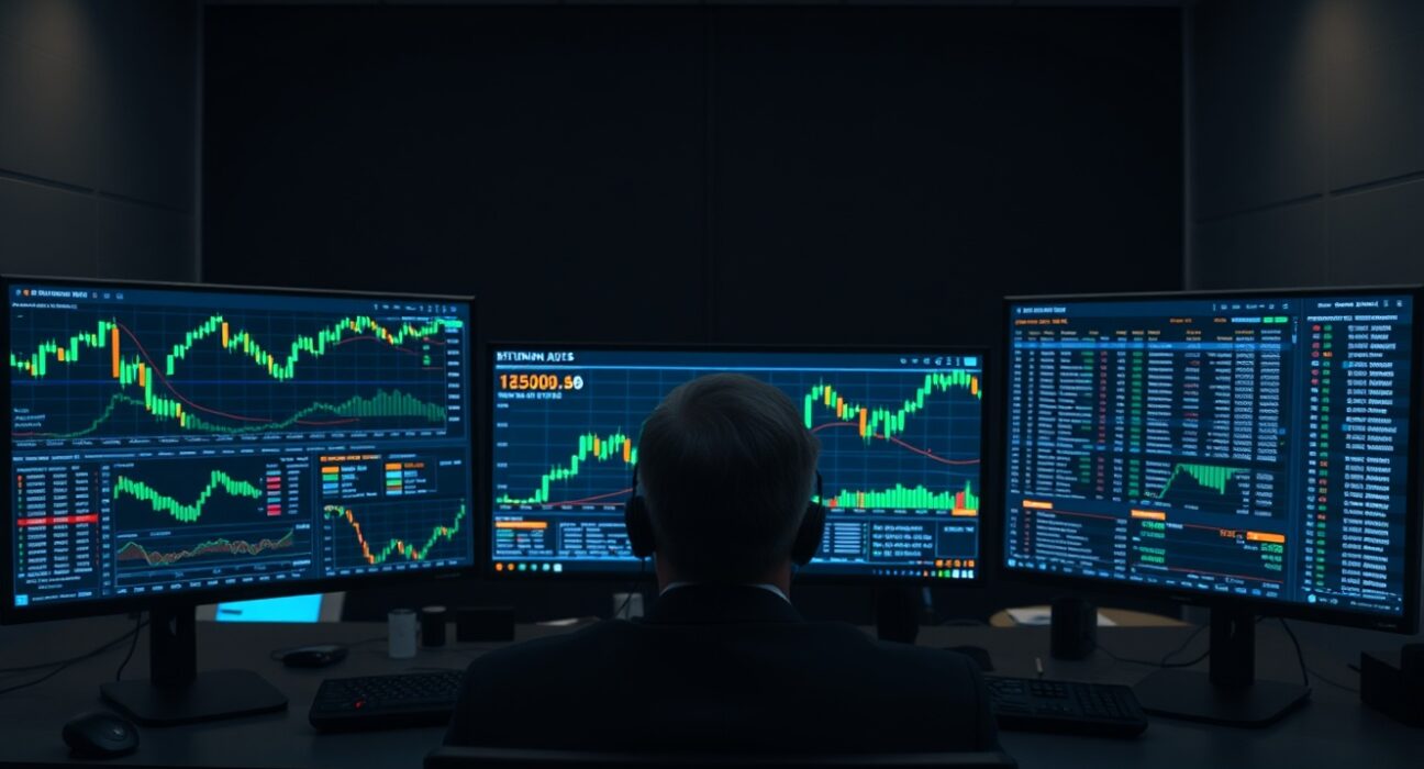 Bitcoin trading monitors with options data and bullish chart patterns in a professional trading office.