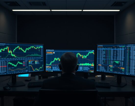 Bitcoin trading monitors with options data and bullish chart patterns in a professional trading office.