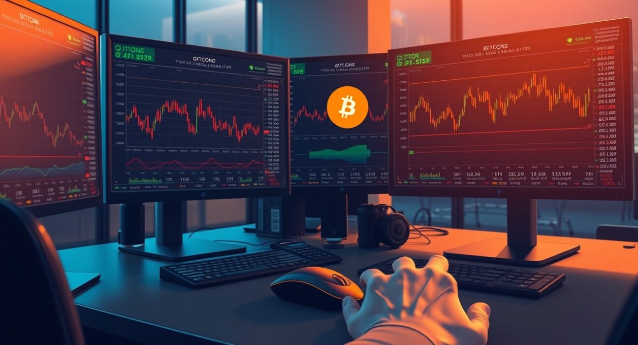 Bitcoin options trading desk with monitors showing charts and reduced hedge positioning ahead of Fed meeting