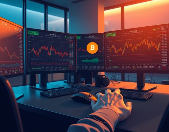 Bitcoin options trading desk with monitors showing charts and reduced hedge positioning ahead of Fed meeting