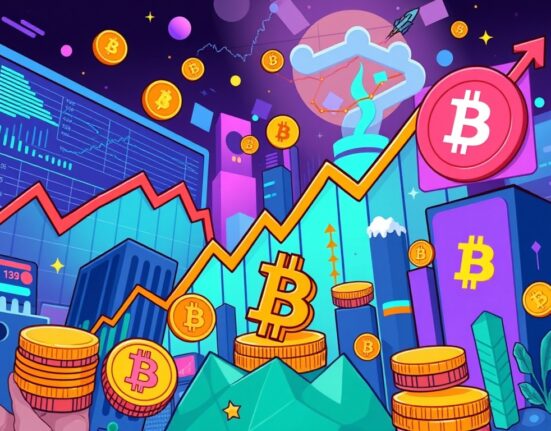 A vibrant cartoon illustrating the dynamic Bitcoin options trading market with financial data, symbolizing new opportunities on Binance.