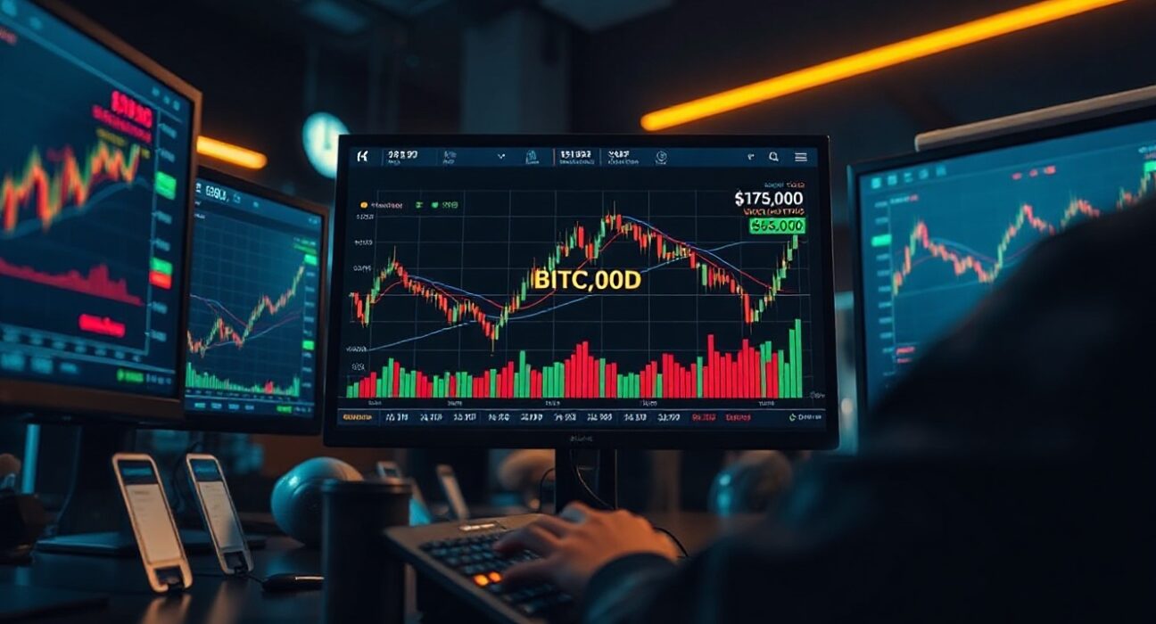 Professional trading desk monitors displaying Bitcoin price charts and options volatility data with gamma hedging levels highlighted