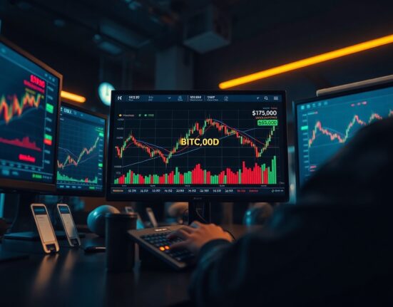 Professional trading desk monitors displaying Bitcoin price charts and options volatility data with gamma hedging levels highlighted