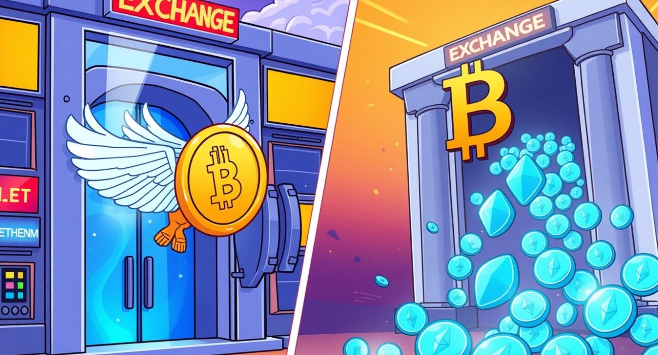 Cartoon illustration showing Bitcoin flowing out and Ethereum flowing into cryptocurrency exchanges