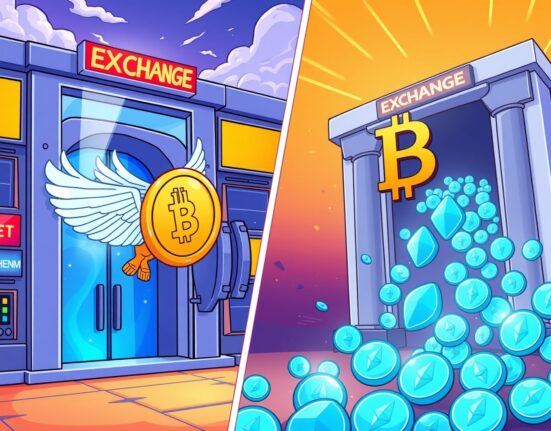 Cartoon illustration showing Bitcoin flowing out and Ethereum flowing into cryptocurrency exchanges