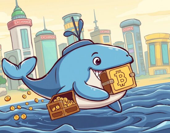 A cartoon whale symbolizing a Bitcoin outflow, swimming away from cryptocurrency exchanges with a treasure chest.