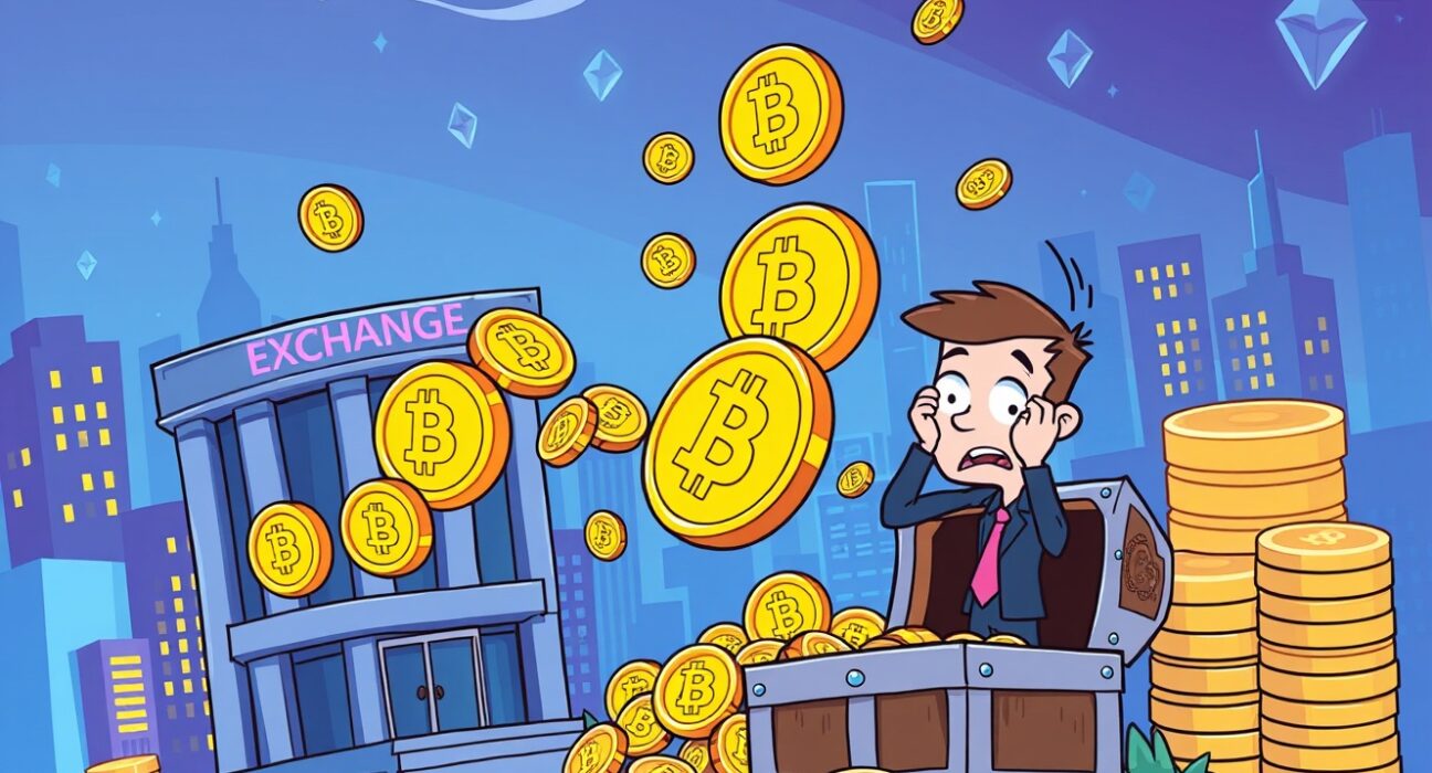Bitcoin outflow from exchanges depicted as coins flowing away in a vibrant cartoon style, symbolizing market shifts.