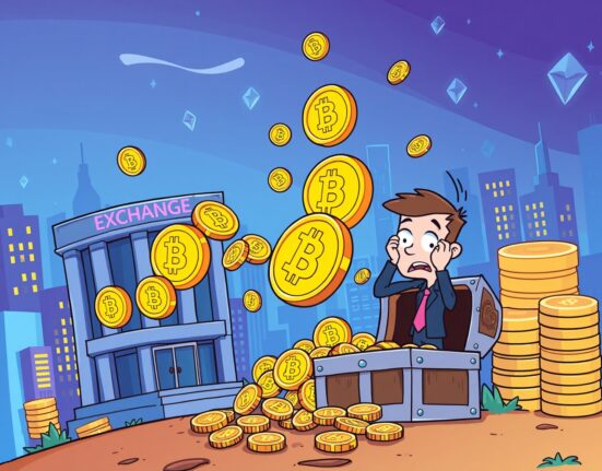 Bitcoin outflow from exchanges depicted as coins flowing away in a vibrant cartoon style, symbolizing market shifts.