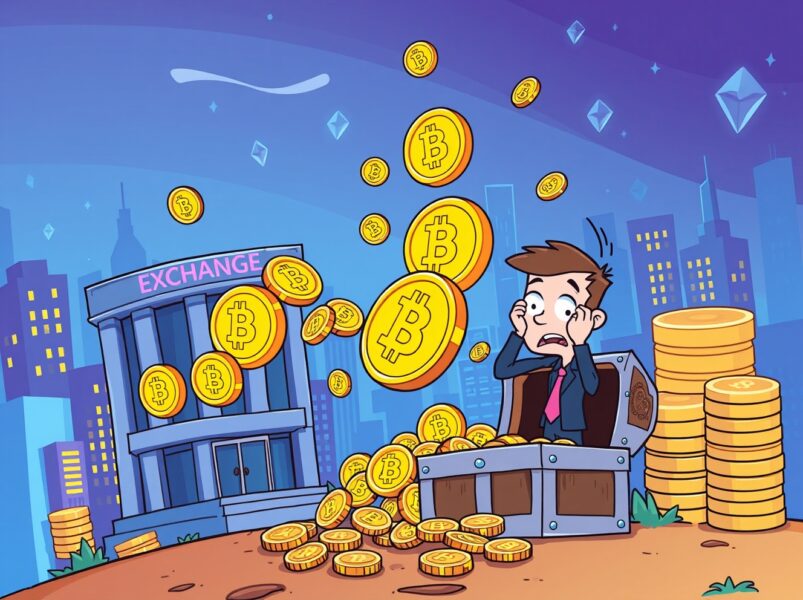 Bitcoin outflow from exchanges depicted as coins flowing away in a vibrant cartoon style, symbolizing market shifts.
