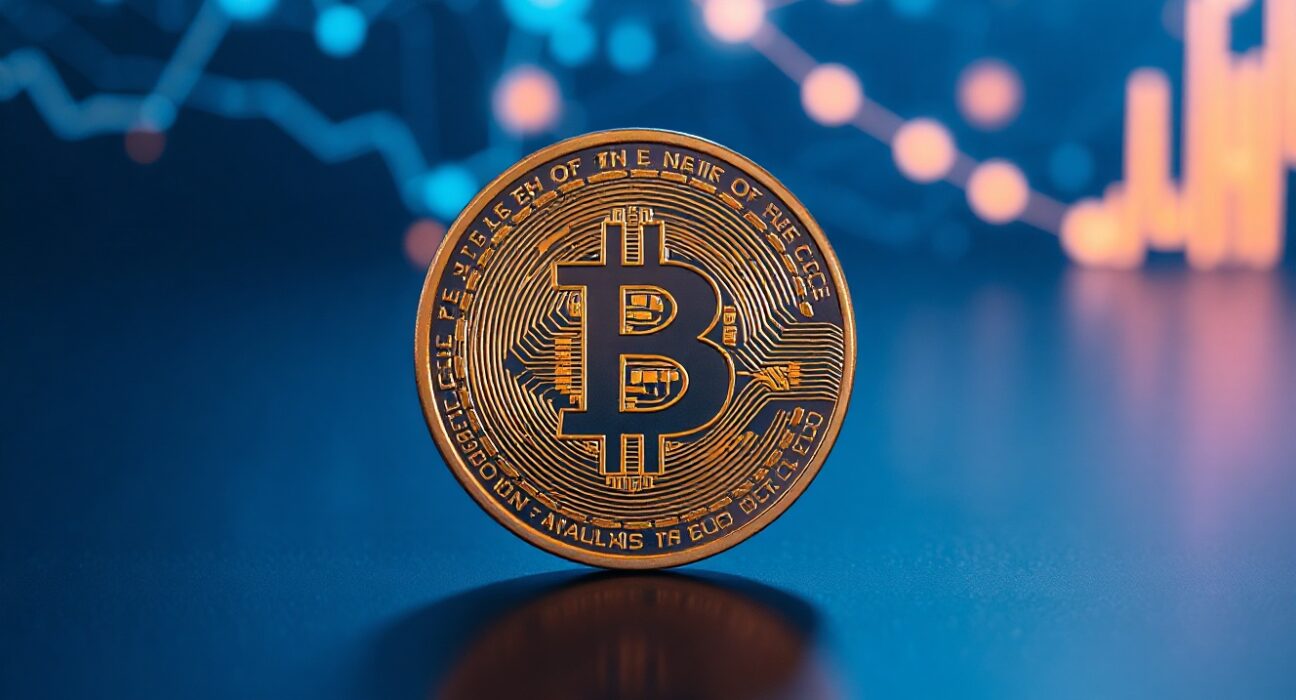 Bitcoin coin on dark surface with abstract network background representing on-chain data analysis