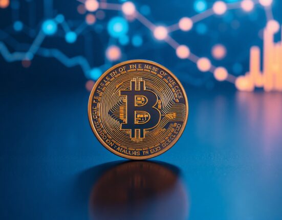 Bitcoin coin on dark surface with abstract network background representing on-chain data analysis