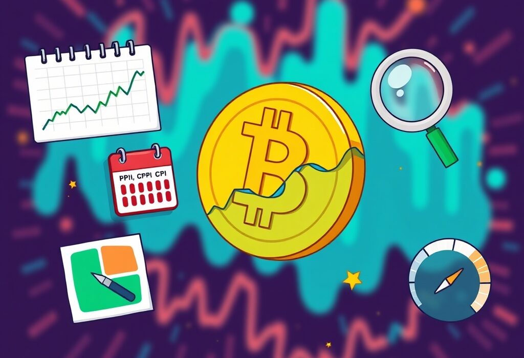 A cartoon illustration visualizing the key factors influencing the Bitcoin outlook this week, including price charts and economic indicators.
