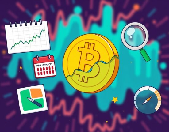 A cartoon illustration visualizing the key factors influencing the Bitcoin outlook this week, including price charts and economic indicators.
