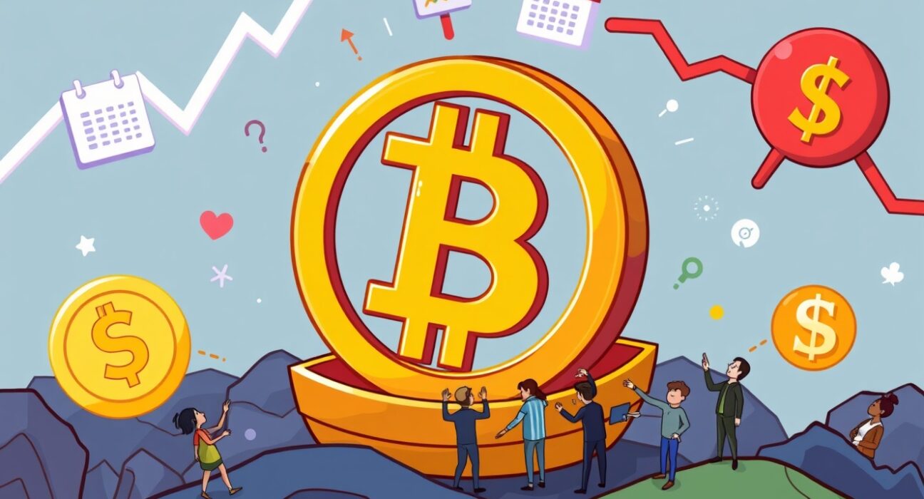 A cartoon illustration showing key factors influencing the Bitcoin outlook, including charts, interest rates, and market sentiment.