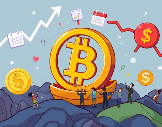 A cartoon illustration showing key factors influencing the Bitcoin outlook, including charts, interest rates, and market sentiment.