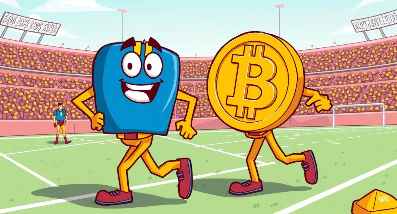 Bitcoin outperform gold as financial assets compete in vibrant cartoon illustration