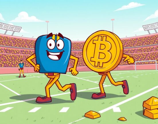 Bitcoin outperform gold as financial assets compete in vibrant cartoon illustration