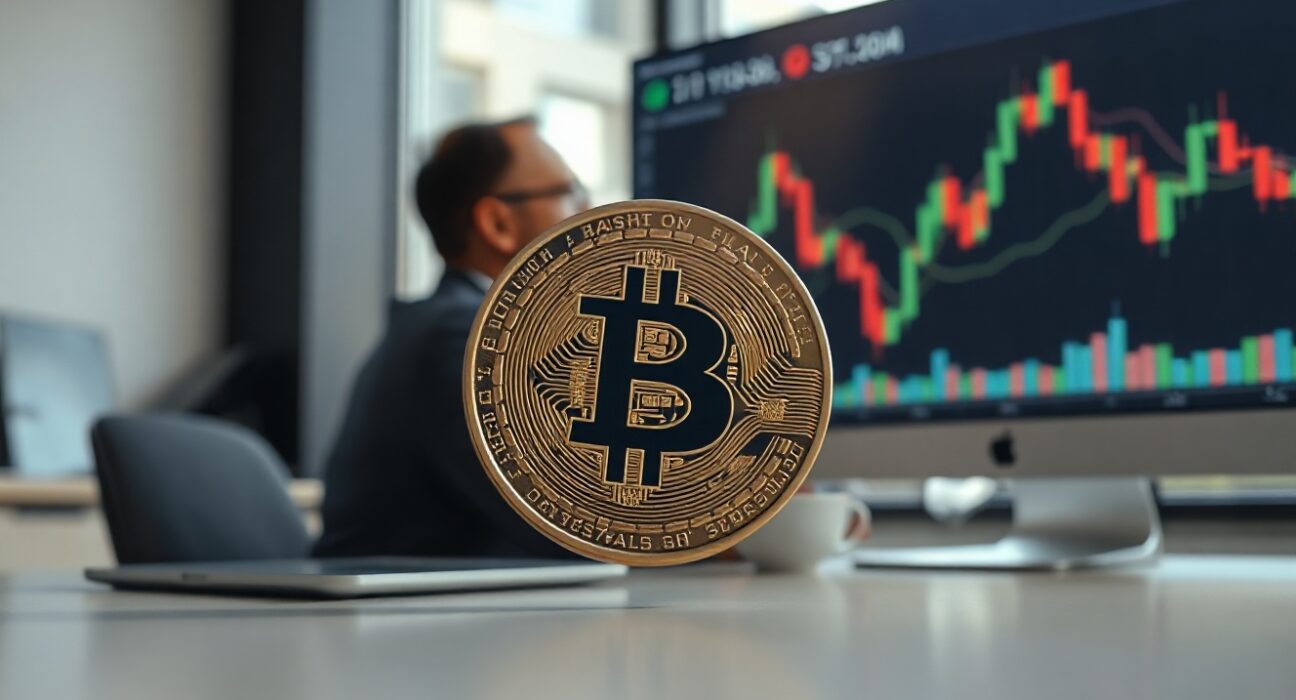 Bitcoin coin in foreground with stock market chart in background