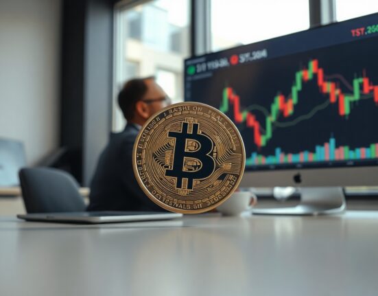 Bitcoin coin in foreground with stock market chart in background