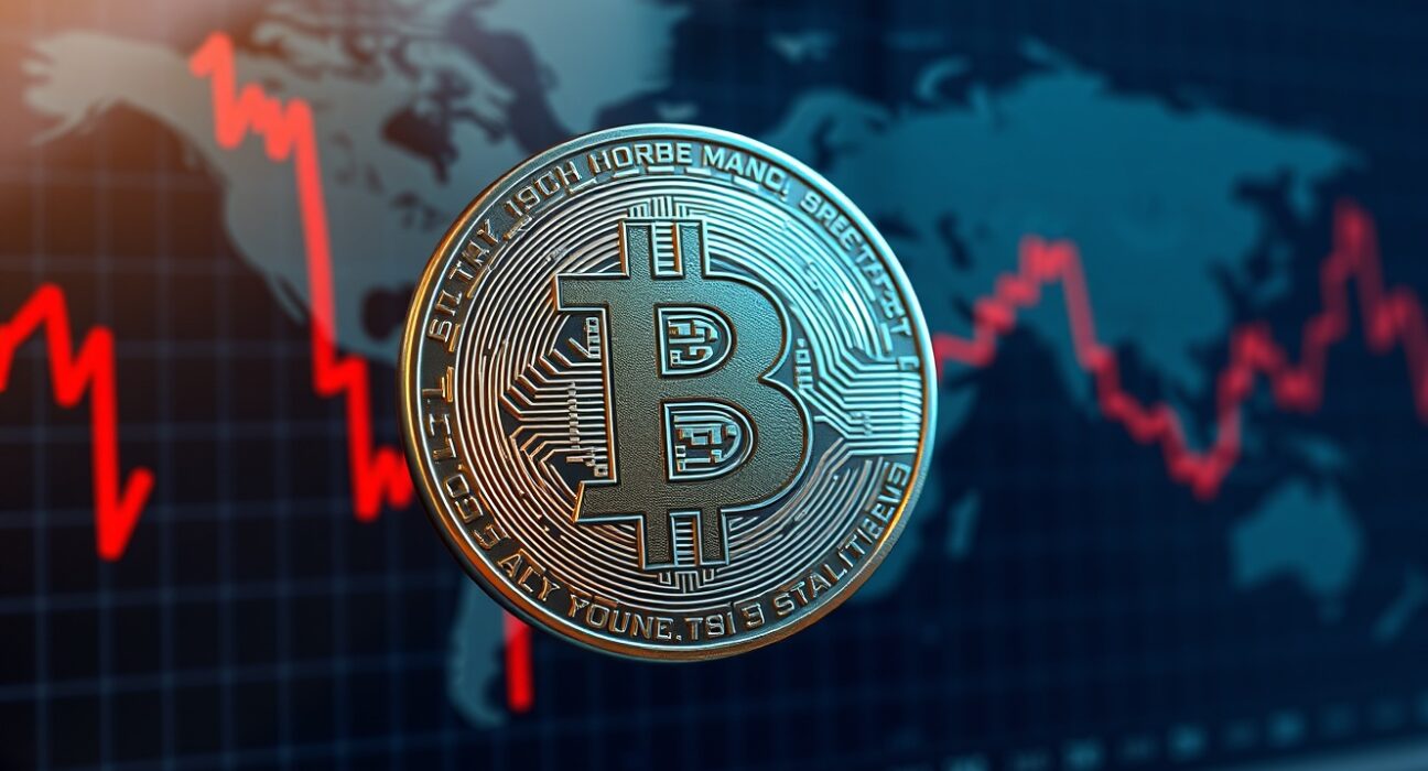 Bitcoin symbol stands resilient against a backdrop of global financial market charts, representing its performance after geopolitical events.
