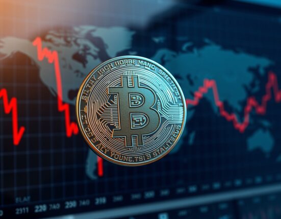 Bitcoin symbol stands resilient against a backdrop of global financial market charts, representing its performance after geopolitical events.