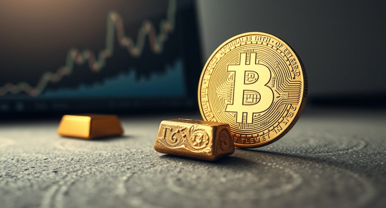 Bitcoin coin symbolizing financial resilience and outperformance against traditional assets like gold.