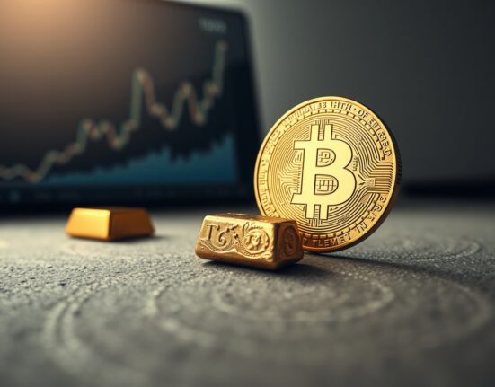 Bitcoin coin symbolizing financial resilience and outperformance against traditional assets like gold.