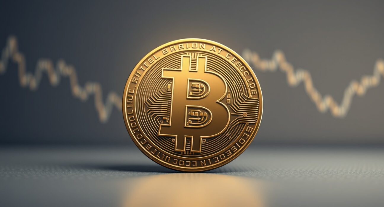 Bitcoin symbol stands resilient against declining traditional market charts, illustrating crisis performance.