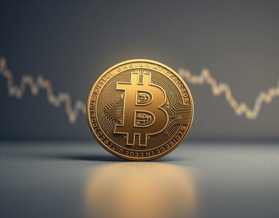 Bitcoin symbol stands resilient against declining traditional market charts, illustrating crisis performance.