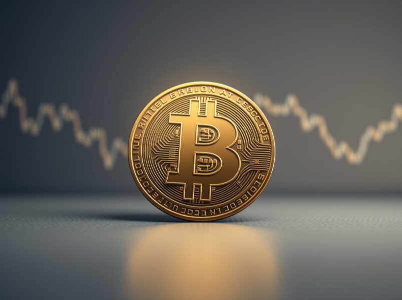 Bitcoin symbol stands resilient against declining traditional market charts, illustrating crisis performance.