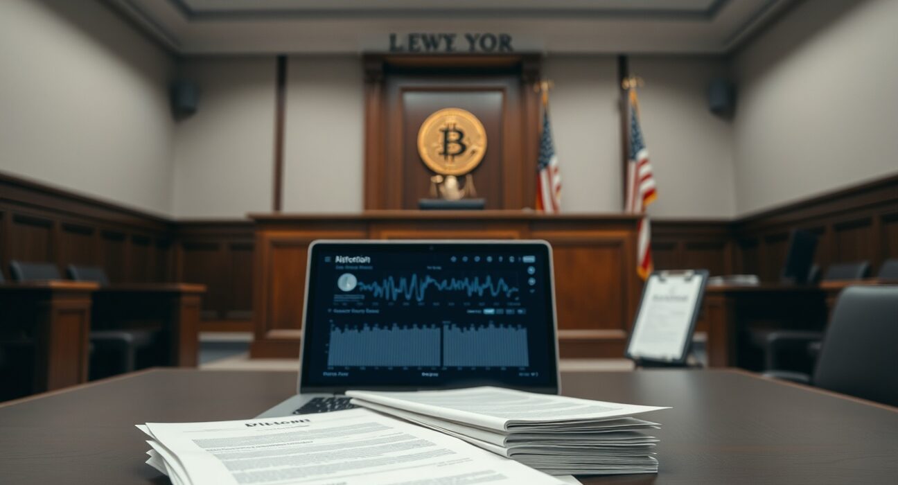 A courtroom scene with legal documents and a laptop displaying a Bitcoin blockchain explorer, symbolizing a lawsuit over dormant Bitcoin wallets.