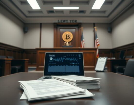 A courtroom scene with legal documents and a laptop displaying a Bitcoin blockchain explorer, symbolizing a lawsuit over dormant Bitcoin wallets.