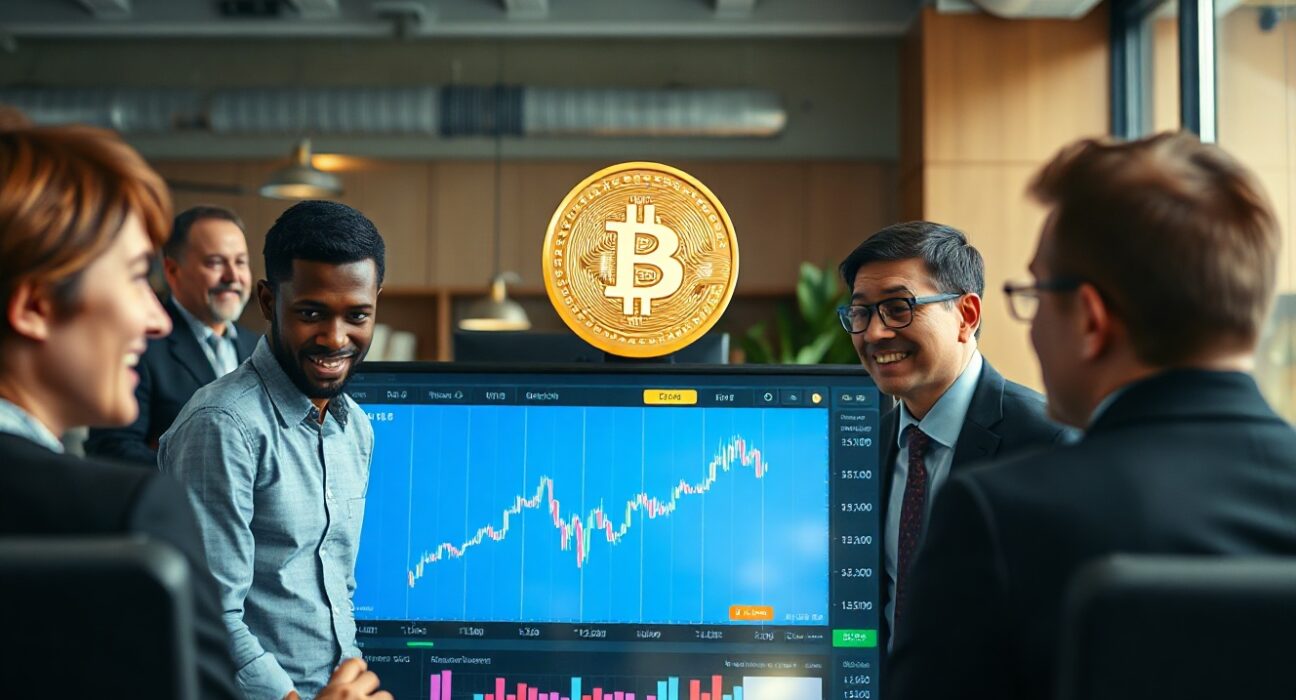 Retail investors watching a Bitcoin price chart on a large screen in a modern office