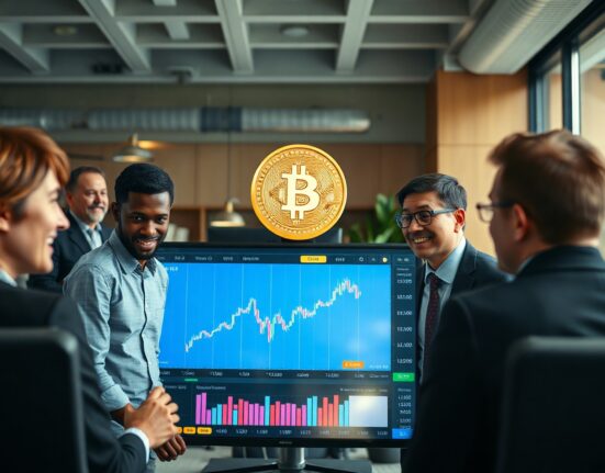 Retail investors watching a Bitcoin price chart on a large screen in a modern office