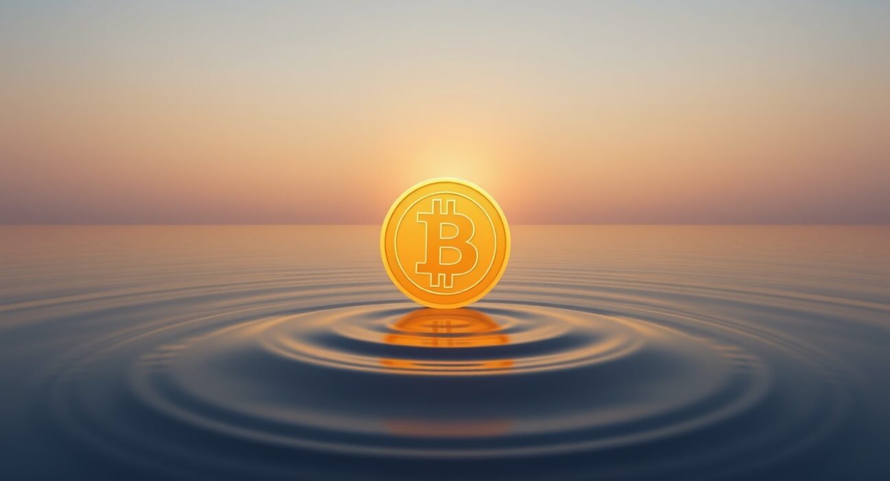 Bitcoin coin resting on calm ocean water at sunrise, symbolizing market calm after panic selling