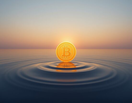 Bitcoin coin resting on calm ocean water at sunrise, symbolizing market calm after panic selling
