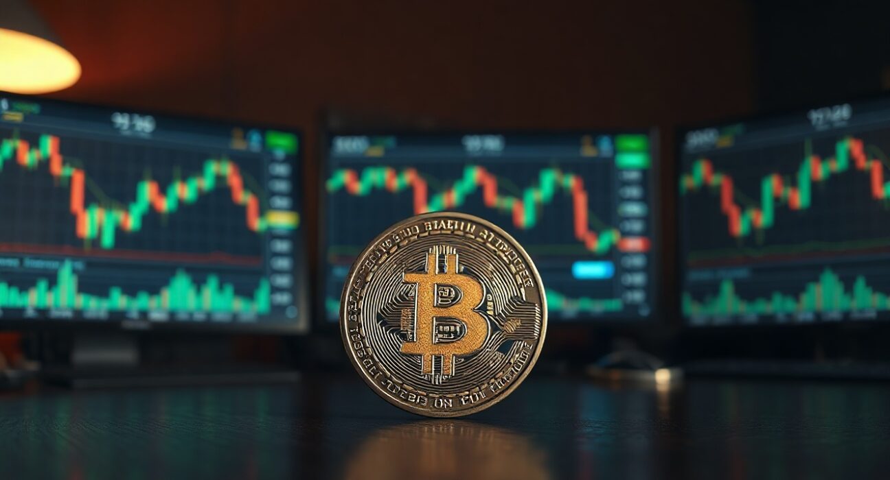 Bitcoin coin on a trading desk with monitors showing market charts in a dimly lit office