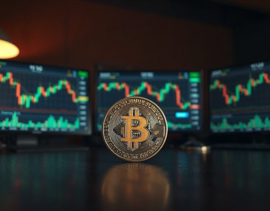 Bitcoin coin on a trading desk with monitors showing market charts in a dimly lit office