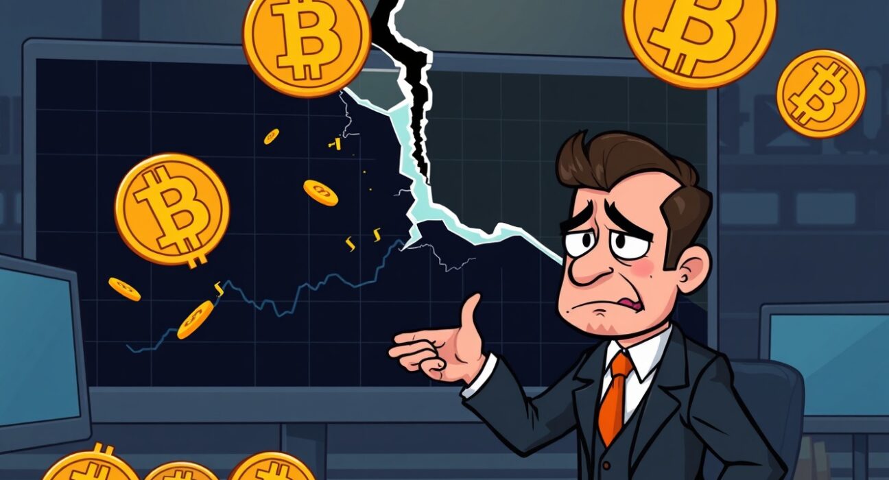 A cartoon trader points at a broken Bitcoin parabolic trendline chart, signaling a potential market warning.