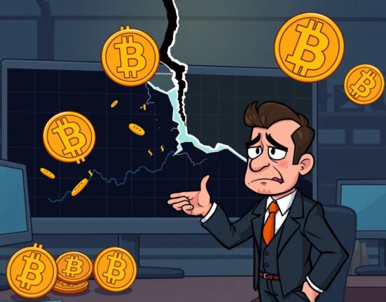 A cartoon trader points at a broken Bitcoin parabolic trendline chart, signaling a potential market warning.