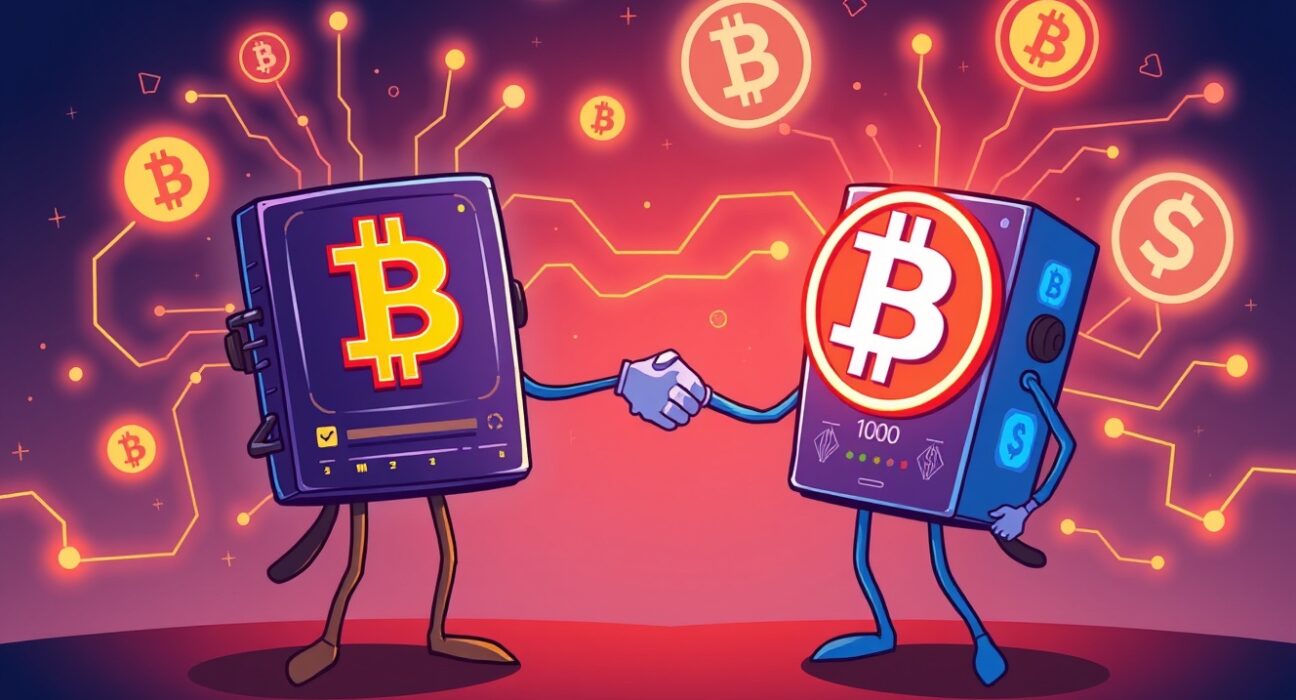 Cartoon illustration showing Lombard and MegaETH forming a strategic Bitcoin partnership, symbolizing the integration of Bitcoin into on-chain finance.