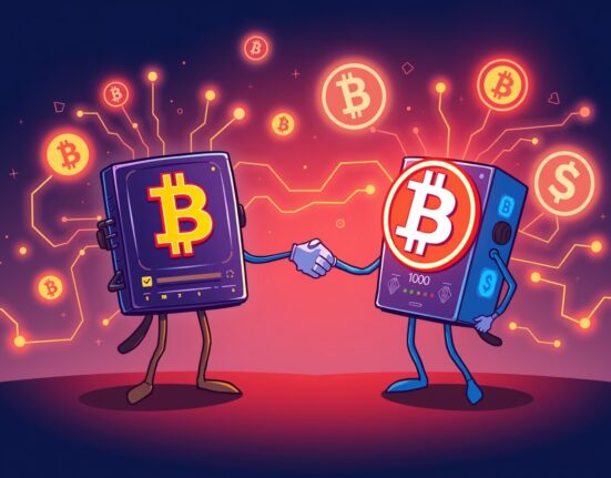 Cartoon illustration showing Lombard and MegaETH forming a strategic Bitcoin partnership, symbolizing the integration of Bitcoin into on-chain finance.