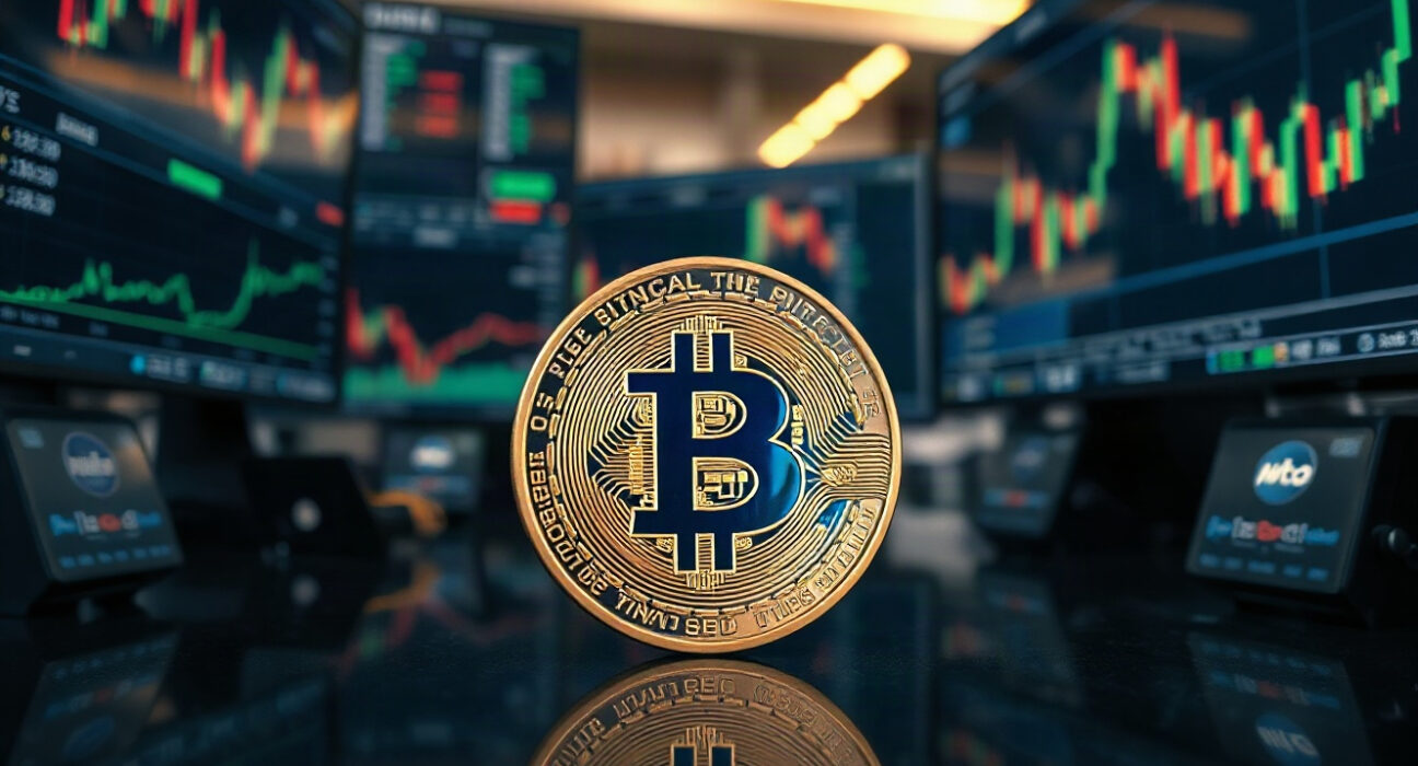 Bitcoin coin in front of trading charts on monitors, symbolizing market analysis.