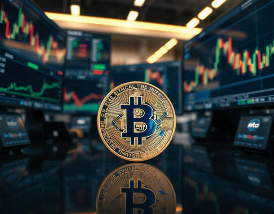 Bitcoin coin in front of trading charts on monitors, symbolizing market analysis.