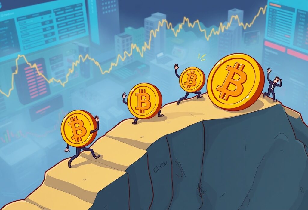 A cartoon Bitcoin coin lags behind past cycles, illustrating Glassnode's analysis of the current Bitcoin peak's delayed timing.