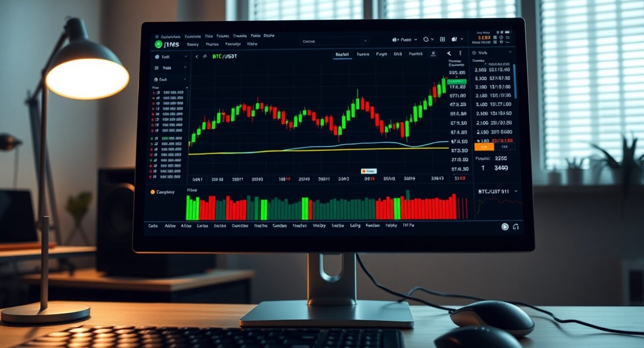 Bitcoin perpetual futures trading chart on a monitor at a desk
