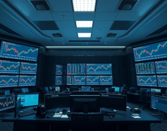 Bitcoin perpetual futures trading chart on a monitor at a desk